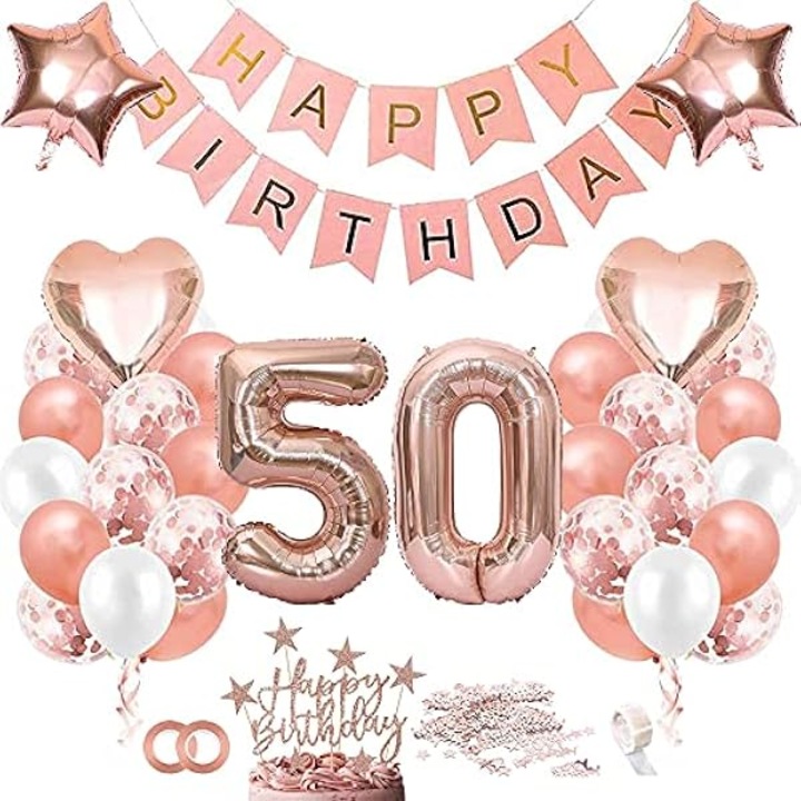 Léggömb és dekoráció szett 50. születésnapra, 40 db, latex és fólia, rose arany és bézs