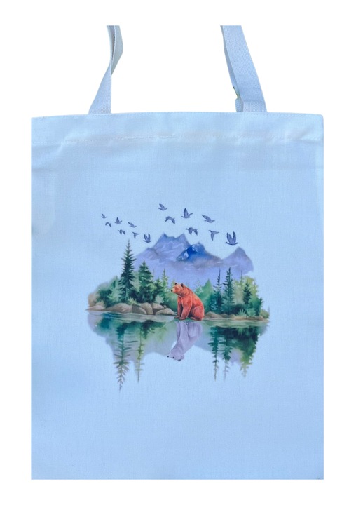 Vászon bevásárlótáska cipzárral, fehér fogantyúval, maci