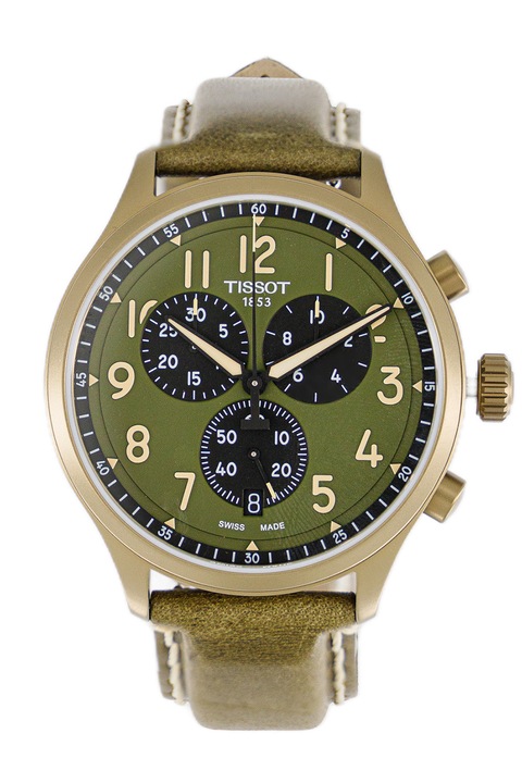 Tissot, Часовник с хронограф и кожена каишка, Златист, ТЪМНО ЗЕЛЕН