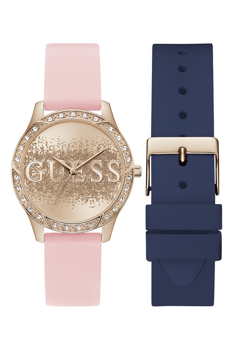 GUESS, Set de ceas si curea extra, Auriu, Roz, Bleumarin