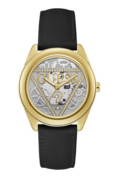 GUESS, Кварцов часовник с кожена каишка и кристали, Златист, Черен