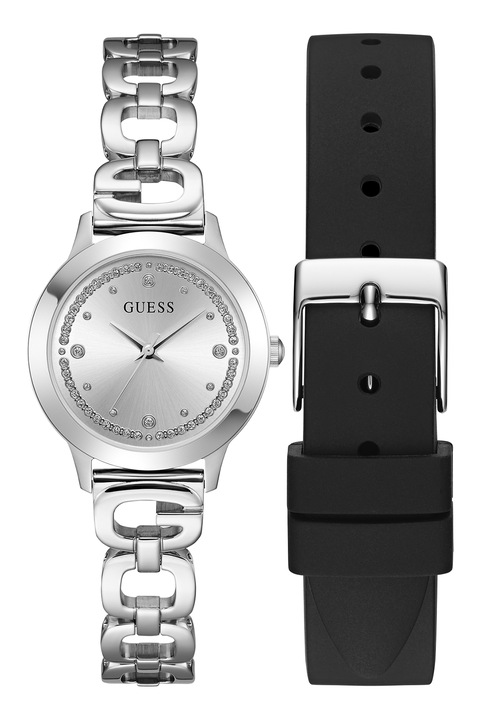 GUESS, Часовник със силиконова каишка, Сребрист, Черен