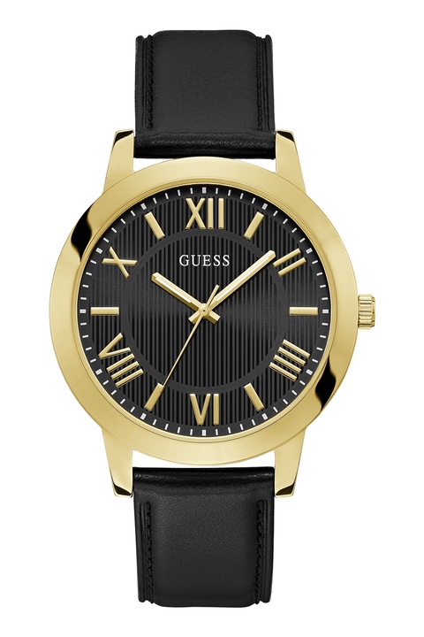 GUESS, Часовник с кожена каишка и релефен циферблат, Златист, Черен