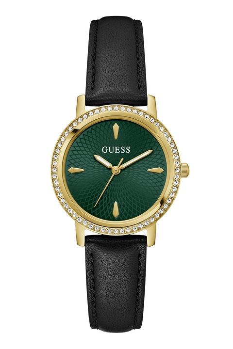 GUESS, Часовник с кожена каишка, Златист, Черен