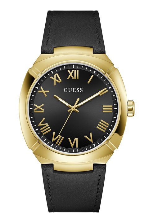 GUESS, Овален часовник от неръждаема стомана с кожена каишка, Златист, Черен