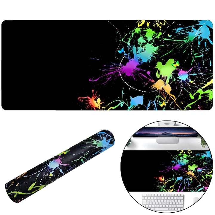 Mouse Pad CCmax Gaming Profesional, 90x40 cm, Baza Cauciucata, Cusaturi Laterale, Model SplashArt, Compatibil cu Orice Tip de Mouse pentru PC si Laptop