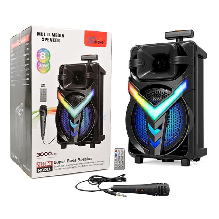 Boxa Portabila HOZRO ZQS-8158, Bluetooth, Microfon Wireless, Lumini LED, Radio FM, Baterie Reincarcabila, 30x30x55cm