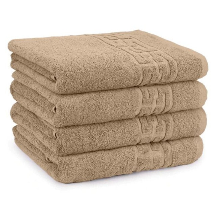 Set 5 Prosoape De Baie Din Bumbac 100% Premium, 70x130 Cm, Pentru Fata Si Maini, Ultra Moale, Pufos Si Absorbant, 400 GSM, Hipoalergenic, Rezistent La Uzura Si Spalari Repetate, Cu Design Greek Border Pentru Un Aspect Elegant Si Rafinat, Bej