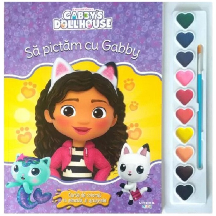 Gabbys Dollhouse. Sa pictam cu Gabby. Carte de colorat cu pensula si acuarele. Format mare