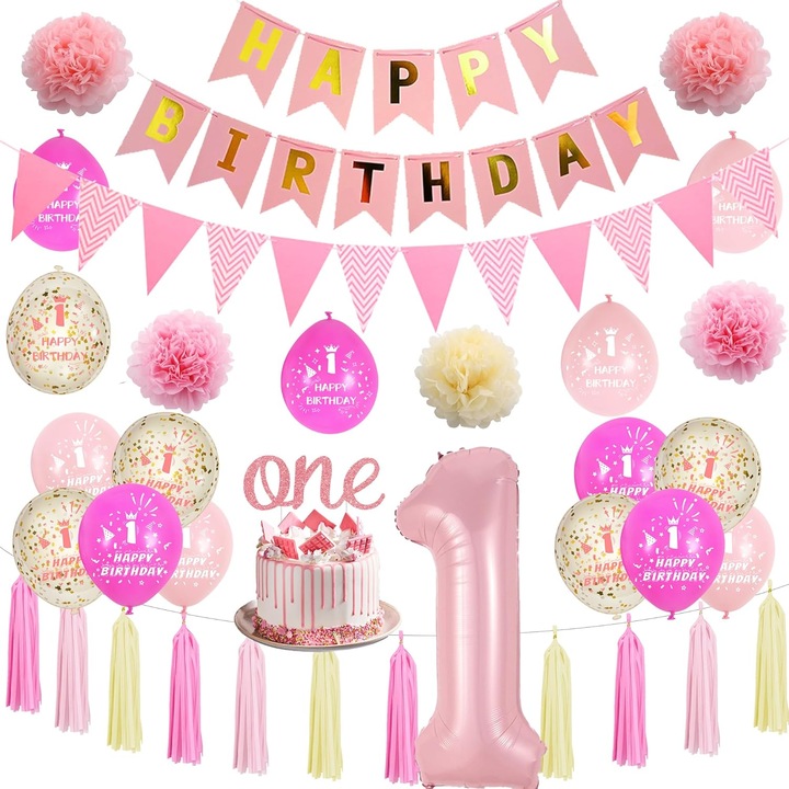 Set Baloane si Decoratiuni pentru Aniversare 1 an, Roz/Bej
