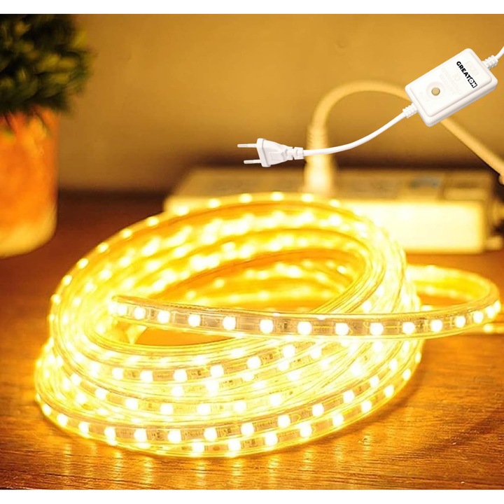 Коледна инсталация GREATON, LED лента тип 10м, 480 LED SMD2835, IP65, гъвкава тръба, с възможност за свързване, 220V, за вътрешна/външна употреба, ниска консумация, топло бяло