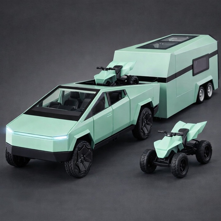 Masinuta de jucarie Tesla Cyber Pickup Truck 1:32, Cybertruck, tehnologie PullBack culoare: verde metalizat, sunet si lumini, material: metal, include ATV, rulota, 37 x 7 x 6.5 cm, piese mobile, caracter realist, roti mobile, pentru copii si adulti