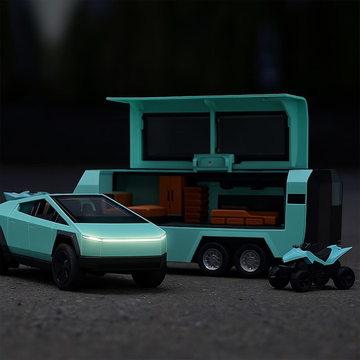 Masinuta de jucarie Tesla Cyber Pickup Truck 1:32, Cybertruck, tehnologie PullBack culoare: verde metalizat, sunet si lumini, material: metal, include ATV, rulota, 37 x 7 x 6.5 cm, piese mobile, caracter realist, roti mobile, pentru copii si adulti