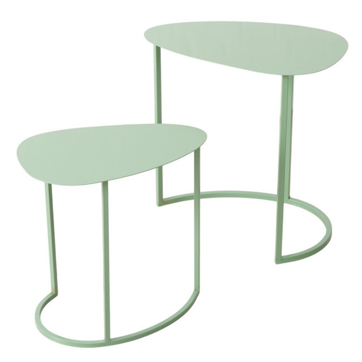 Set de doua masute de cafea JERRY, in forma de lacrima, din metal - culoarea salviei