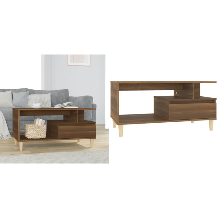 Masă de cafea, stejar maro, 90x49x45 cm, lemn prelucrat, cu sertar și picioare din lemn