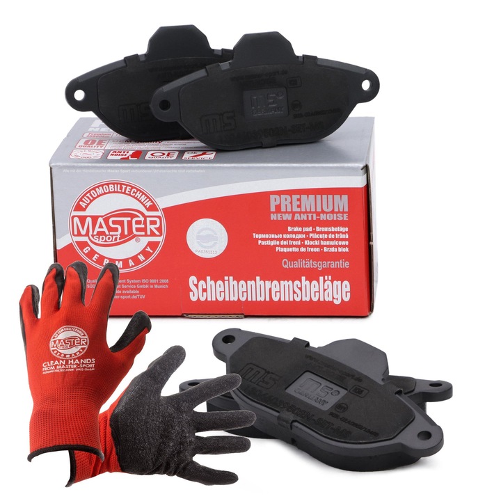 Fékbetétek, Master Sport Germany, 115x55,1mm, kopásjelző érintkező nélkül, munkakesztyűt tartalmaz
