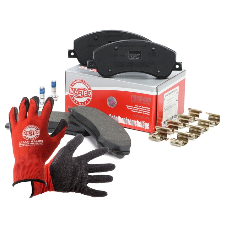 Master-Sport első fékbetétek, 165x66,9mm, rezgéscsillapítóval, piros, XL kesztyűvel