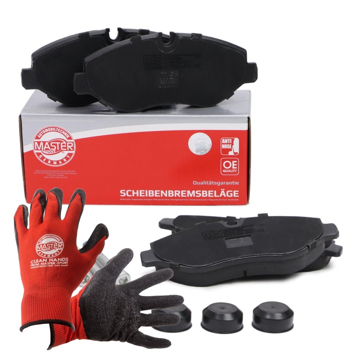 Fékbetét készlet Master-Sport, 13046048772N, 4 csavar, 163x66,7mm, kopásjelző érintkező nélkül, piros, XL méret, munkakesztyűvel