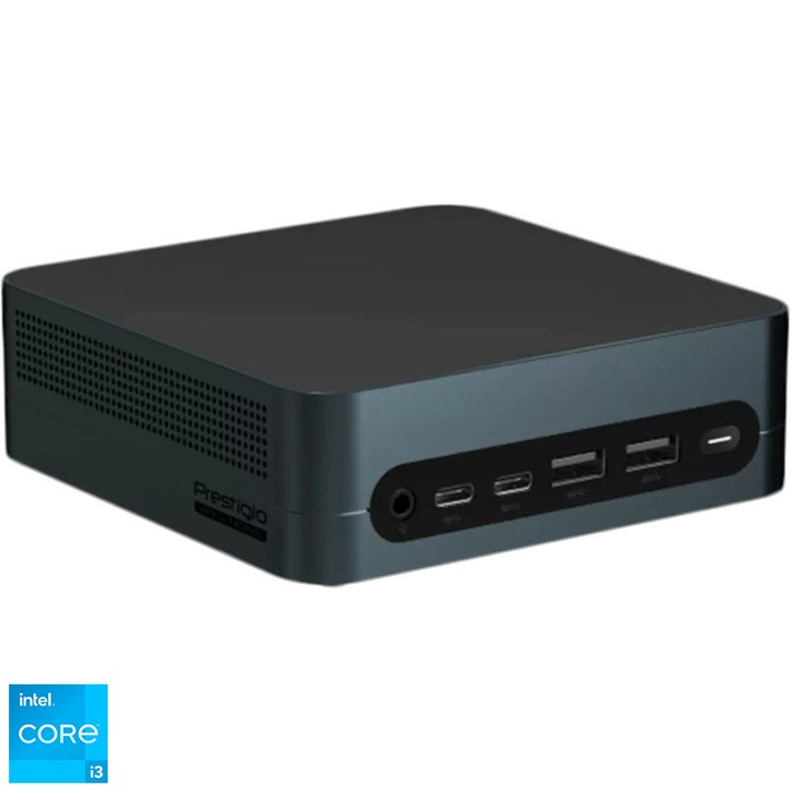 Мини компютър Prestigio Solutions PSMPC103 с процесор Intel Core i3-1215U до 4.4GHz, Без RAM, Без място за съхранение, Intel UHD Graphics, Wi-Fi, Bluetooth, HDMI, Без ОС, Черен