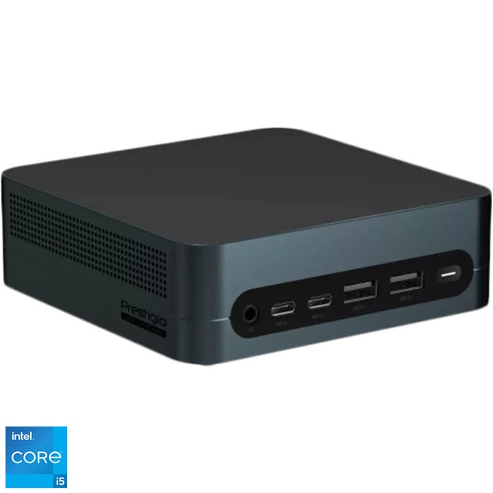 Мини компютър Prestigio Solutions PSMPC105 с процесор Intel Core i5-1235U до 4.4GHz, Без RAM, Без съхранение, Intel UHD Graphics, Wi-Fi, Bluetooth, HDMI, Без ОС, Черен
