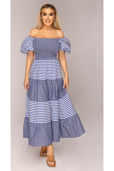 Rochie dama, cu dungi, talie elastic, casual, comoda, albastra, One Size