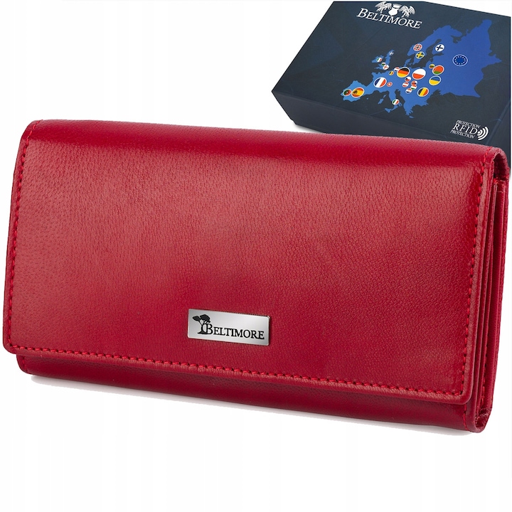 Portofel din piele rosu, mare, cu protectie RFiD, 5 compartimente pentru carduri, Beltimore