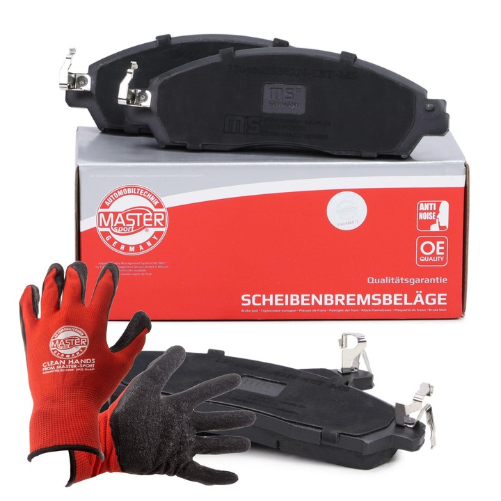 Fékbetét készlet, első, Master-Sport, 166x54,1mm, kopásjelzővel, 2,03kg, piros, XL méret, munkakesztyűvel