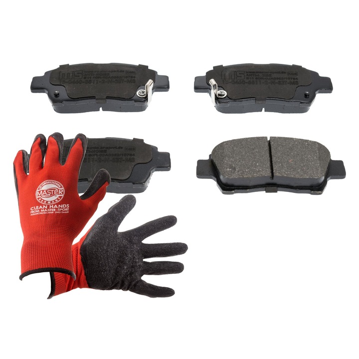 Fékbetétek Master-Sport 13046058112N, kopásérzékelővel, 112x46,8mm, piros, XL-es kesztyűvel