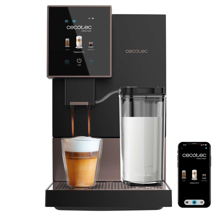 Espresso kávéfőző, Cecotec, Compactccino Connected, 1350W, Wi-Fi, fekete-rózsaszín, 1l