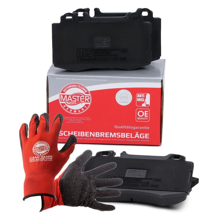 Fékbetét készlet és kesztyű, Master-Sport, 120x71.6mm, kopásérzékelő nélkül, lengéscsillapító tartóval