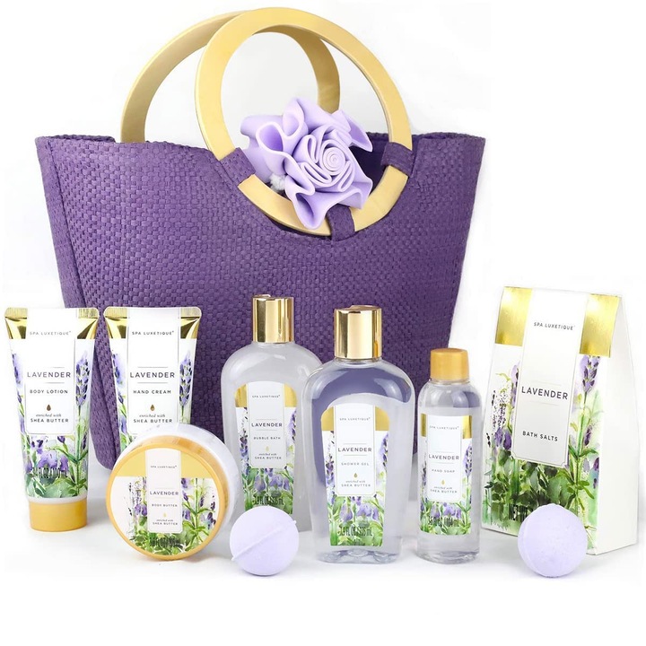 Luxetique Spa ajándék szett fürdőhöz, 10 darabos, levendula illatú, nőknek