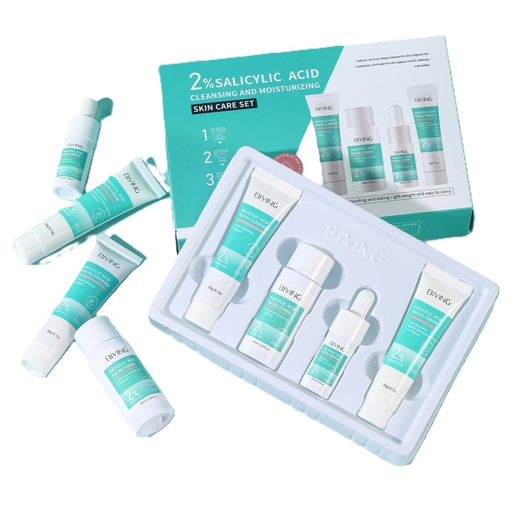 Set ingrijire ten cu Acid Salicilic 2% - Cleanser, Toner, Ser, Crema, pentru ten gras, mixt, 4 produse