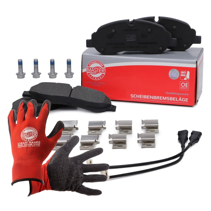 Fékbetét és kesztyű szett, Master-Sport, 13046121172N, 310x172x66.2mm, 2.3kg, lengéscsillapítóval, piros, XL