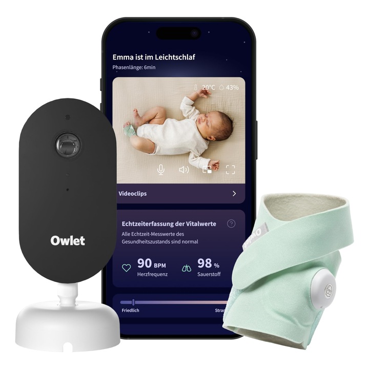 Интелигентен монитор за бебета Owlet Dream Duo, 2K HD камера, цвят мента, управление чрез приложение