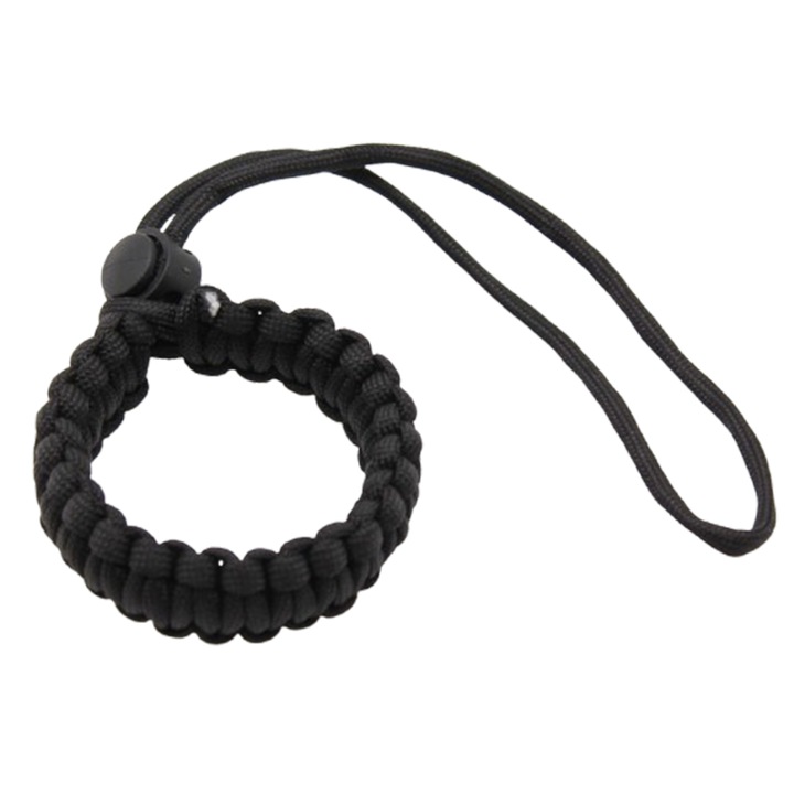 Kézpánt típusú karkötő, fonott Paracord, 7 szálas erős, univerzális kamera és csukló számára, fekete színű