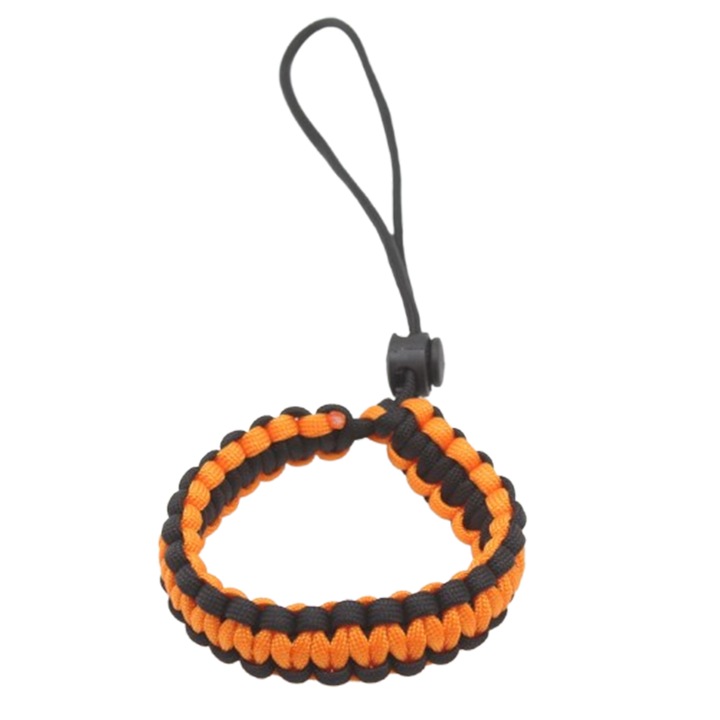 Csuklópánt típusú karkötő, fonott Paracord, 7 szálas, univerzális fényképezőgéphez és csuklóra, narancssárga színű