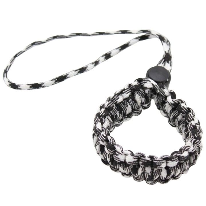 Csuklópánt, fonott Paracord karkötő típusú, 7 szálas, univerzális fényképezőgéphez és csuklóhoz, fekete-fehér terepmintás