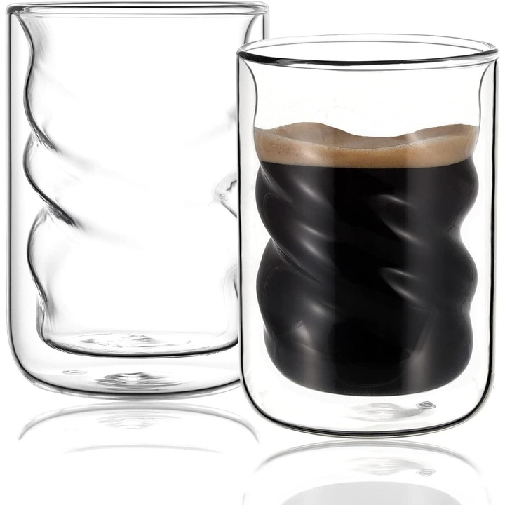 Set 2 pahare termice cafea, perete dublu, sticla borosilicata, 2x240 ml, fara toarta