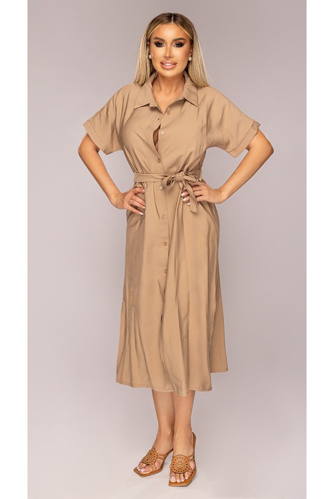 Rochie camel, trei sferturi, cu nasturi, cordon, cu maneca scurta, One Size