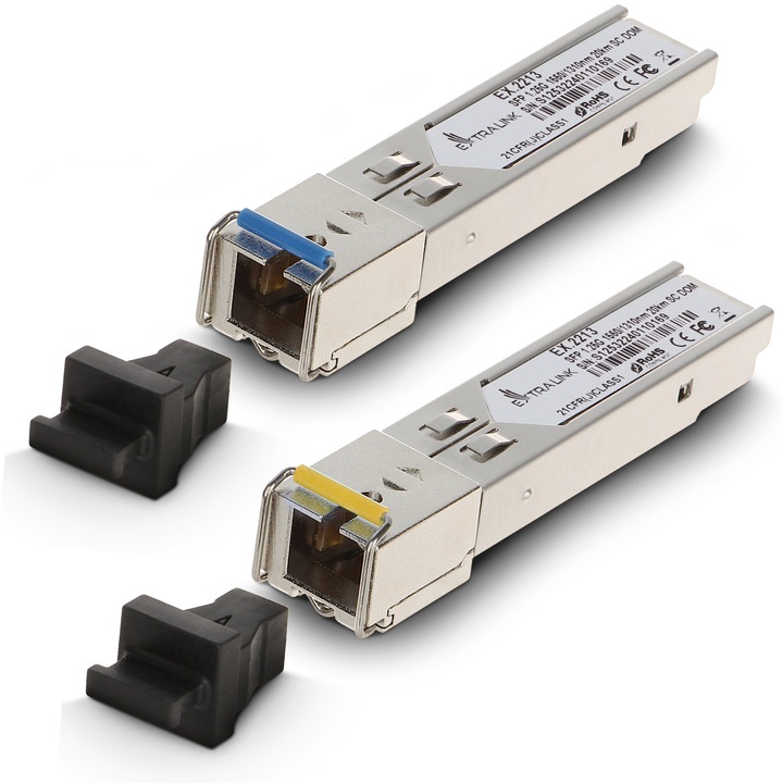 WDM SFP Модул Extralink едномодов, 1.25G SC 1310/1550nm до 20км, DOM, чифт, съвместим със Synology, гигабитов трансивър за комутатори и рутери