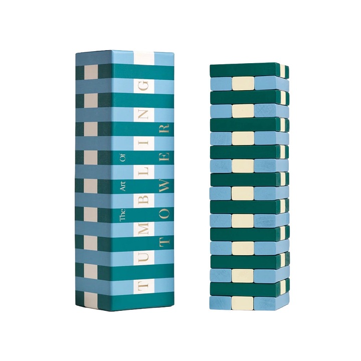 Joc de societate Jenga Printworks, Tumbling Tower, interactiv, material lemn, ideal cadou, cutie eleganta inclusa, albastru