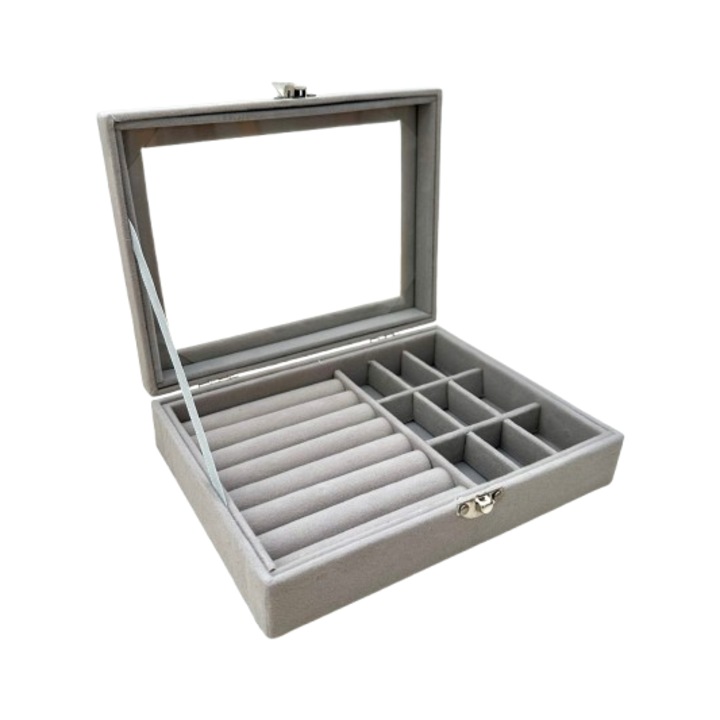 Cutie eleganta de bijuterii, din catifea, cu geam transparent si inchidere, gri, 20x15x5 cm