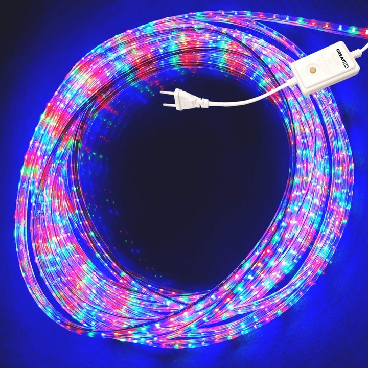 Инсталация Коледна GREATON, Тип LED лента 10м, 480 LED SMD2835, IP65, Гъвкава тръба, Свързваща се, 220V, Вътрешен/Външен, Ниска консумация, 8 режима на светене, Многоцветна