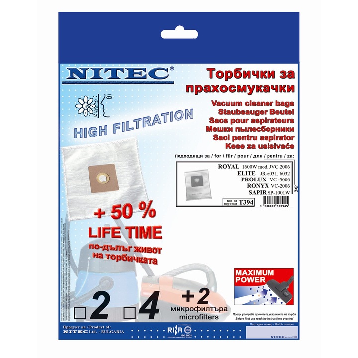 Saci pentru aspiratoare, NITEC, cod T394, 4 saci, compatibilitatea este mentionata pe ambalaj