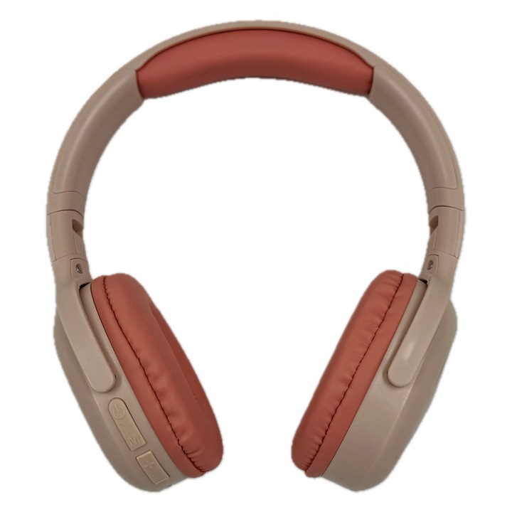 Casti wireless Bluetooth 5.3, Over-Ear, cu microfon, Bass puternic, iluminare LED RGB, pliabile, USB Type-C, Bej, Portocaliu