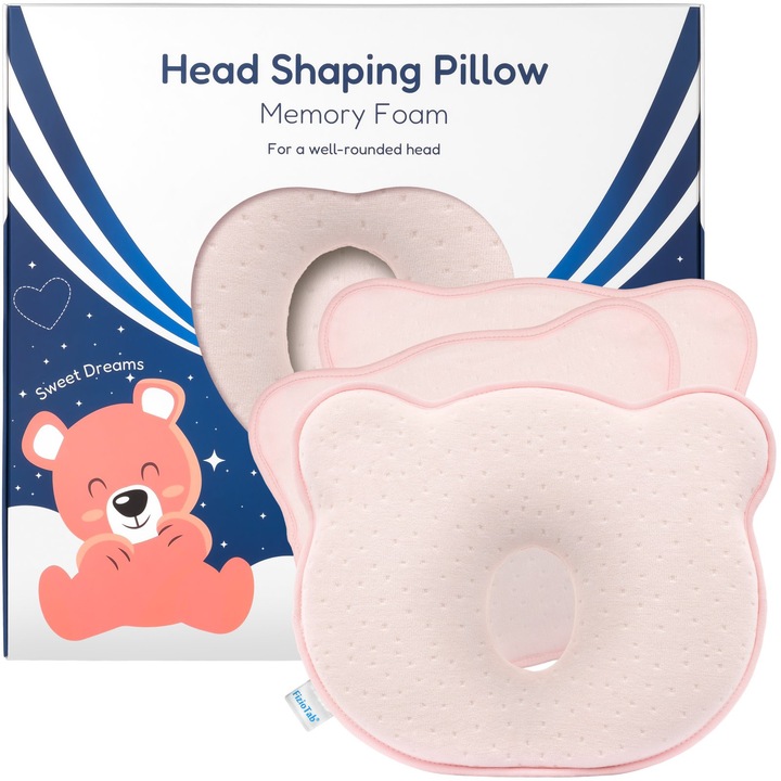 Perna Bebelusi FizioTab® cu 2 Huse de Protectie Anti Plagiocefalie pentru Formarea Capului, Spuma cu Memorie, Roz