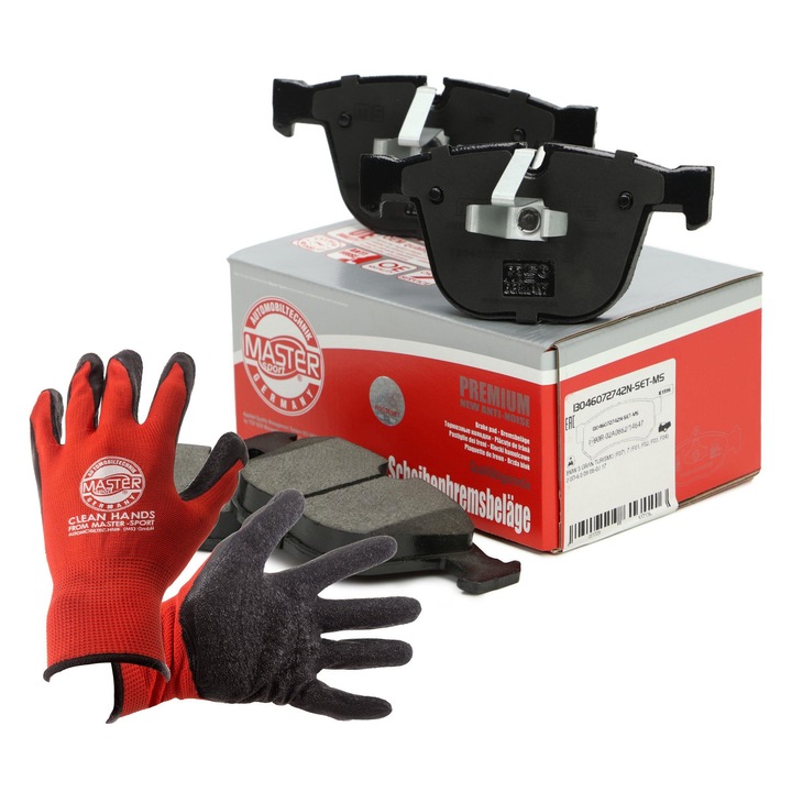 FÉKBETÉTEK hátul Master-Sport, készlet, 140x67,8mm, kopásjelző érintkező nélkül, piros, XL, munkakesztyűt tartalmaz