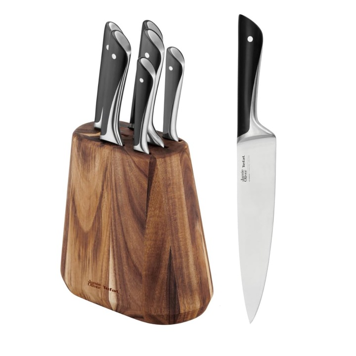 Tefal Jamie Oliver 7 darabos késblokk szett, 6 konyhakés, akácfa, barna/fekete