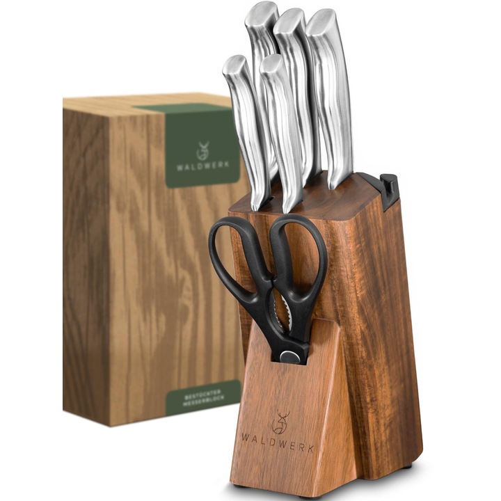 Set de cutite Waldwerk cu 7 piese, inox, bloc de cutite, ascutitor integrat