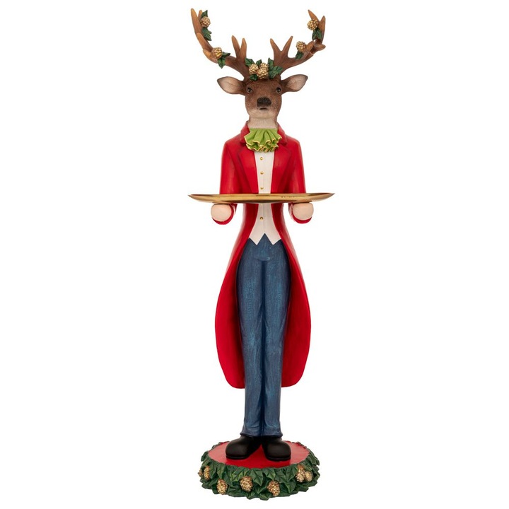 Decoratiune Craciun, cerb cu platou pentru prajiturele, rosu-albastru, inaltime 60 cm
